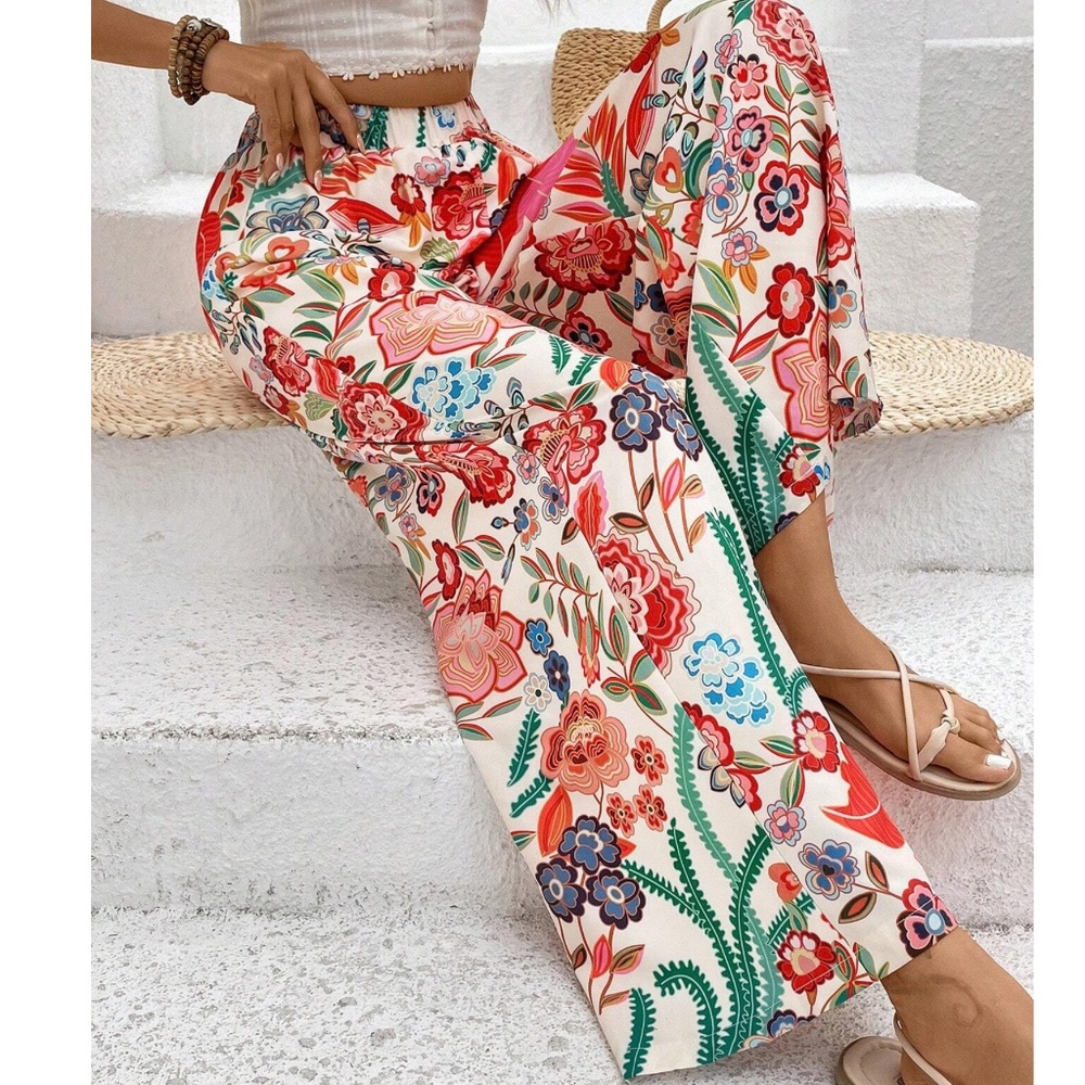 075 Boho Floral Print stretchy Waist Wide Leg Pants - Picture 3 of 4